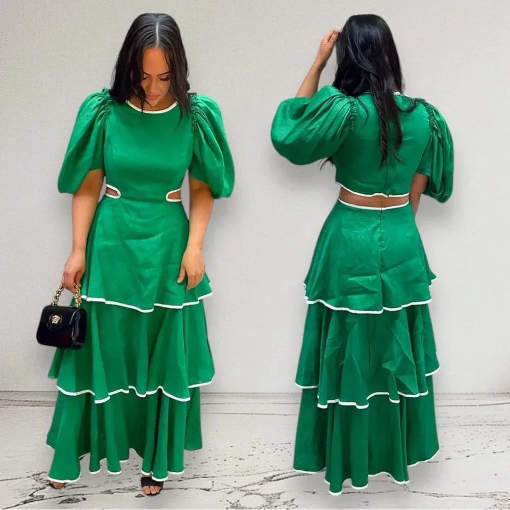 NWT MACKENZIEMODE Puff Sleeve Tiered Maxi Dress in Emerald Size 8 - Picture 15 of 16